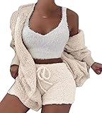 Minetom Winter Frühling Pyjamas Damen Mädchen Dreiteilig Ensembles de Pyjama Warm Coral Fleece Samt Nachtwäsche Kapuzenpullover Jacke Crop Tank Top und Shorts (36, Beige)