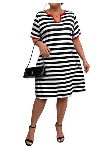 Image of Floerns Women's Plus Size Notched V Neck Stripe Short Sleeve Loose T Shirt Dress