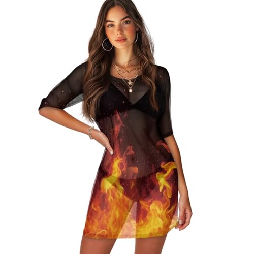 Womens Flame Fire Beach Dress Bathing Suit Coverups Summer Bikini Swim Semi-Sheer Swimwear Dresses