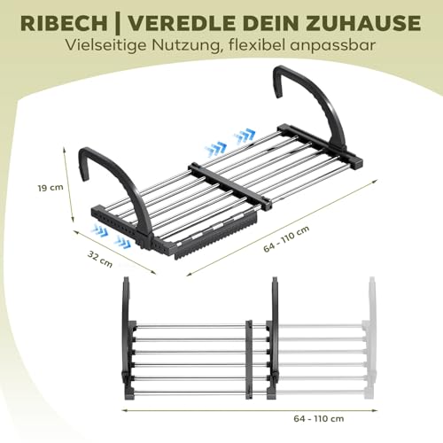 Ribech Ausziehbarer Wäscheständer 64-110 cm – Verstellbarer & Balkon Wäschetrockner mit Edelstahl-Gestell, Höchstbelastung 12 kg, platzsparend