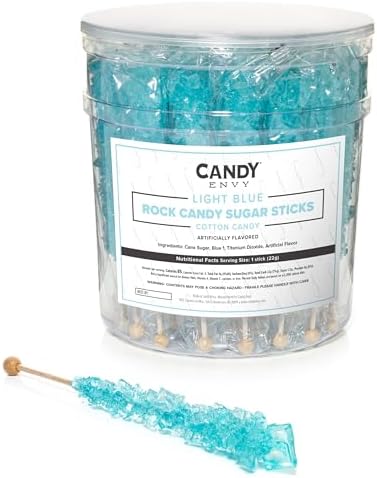 Light Blue Rock Candy Sugar Sticks - Cotton Candy Flavored - 36 Individually Wrapped Light Blue Party Favors