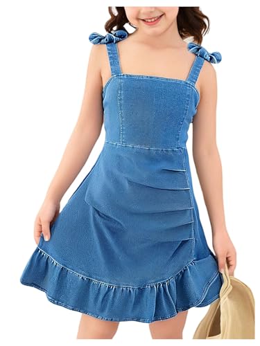 SweatyRocks Girl's Sleeveless Ruched Ruffle Hem Denim Dress Bow Cute A Line Summer Dress3