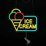 LED Ice Cream Neon Sign for Business, LED Neon Light Sign for Ice Cream Shop, Pure Acrylic Display Board, Powered by Super Bright 12V Adapter. 16” x 12.9”
