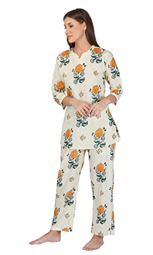 Image of Safeera Cotton Floral Printed 2 Piece Night Suit Top & Pajama Set for Women & Girls