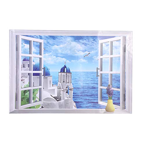 Wall Stickers Wall Decals Wall Sticker, 3D Large Removable Beach Sea Window Scenery Wall Sticker Self Adhesive Wallpaper Aegean Sea