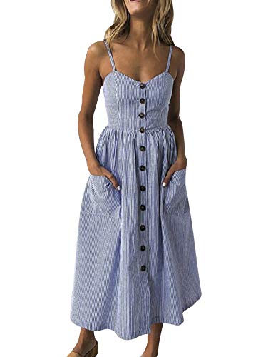 SWQZVT Women's Dress Summer Spaghetti Strap Sundress Casual Floral Midi Backless Button Up Swing Dresses with Pockets Dark Blue Striped L