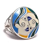 ca. 25mm breiter Ringkopf Silber Ring aus 925 Sterling Silber, Silberring mit Emaille, Yin und Yang Ring emailliert, zwei Gesicht blau grün gelb