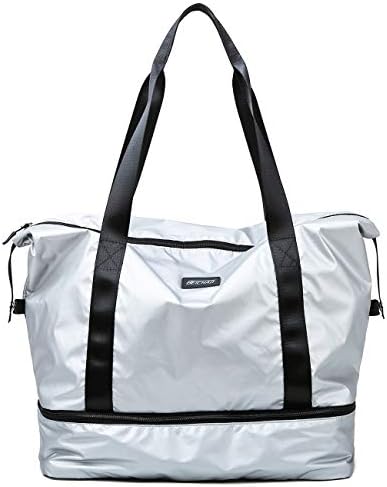 fancyfree Double Layers Bag, Large Travel Tote Bag with Bottom Shoes Compartment, Ideal Gym Duffle Bag for Women and Men (Silver)