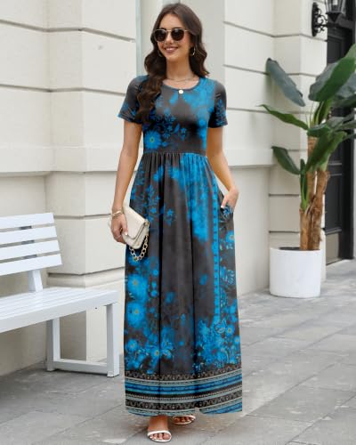 Image of COSSEN Women's Crew Neck Short Sleeve Maxi Dress with Pockets Casual Loose Swing for Wedding Guest Beach Vacation