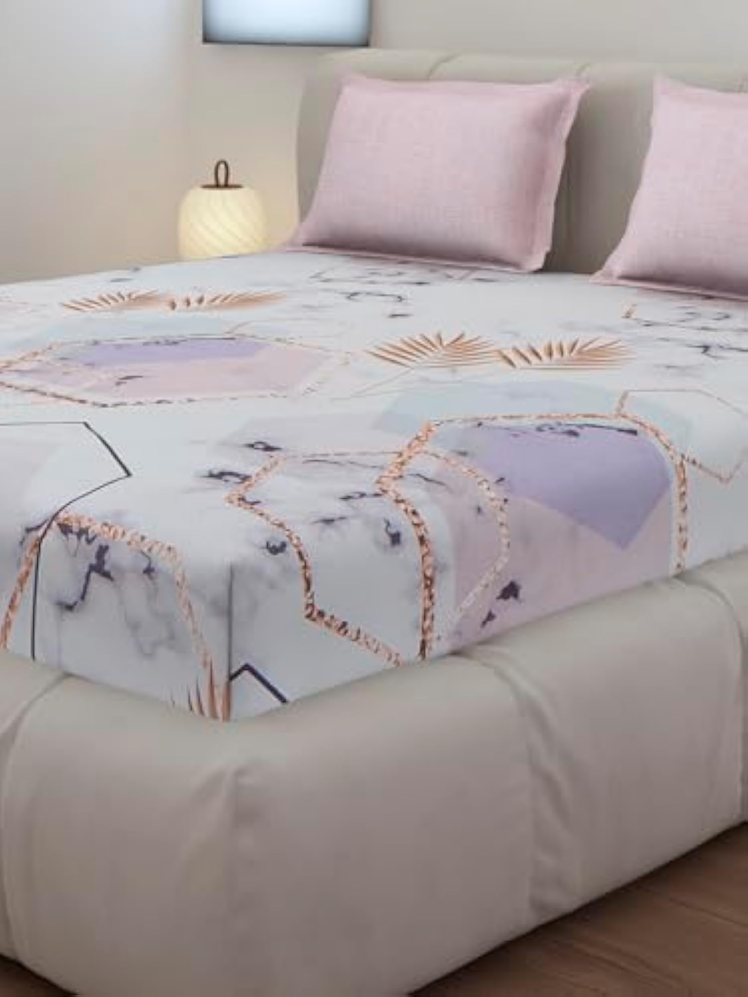 Light Pink Printed King Size Fitted Bedsheet with Pillow Covers