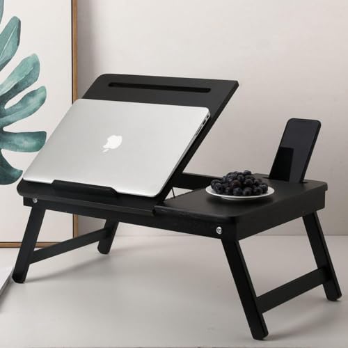 Image of WOOYNEX Wooden Laptop Table Standard Adjustable Study Table with Laptop, Portable Lap Desk, Multifunctional Bed Table with Drawer and Folding Legs (Black)