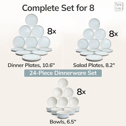 Image of 24 Piece Stoneware Dinnerware Set for 8 - Handmade Reactive Glaze Plates and Bowls Set - Chip & Scratch Resistant Dish Set - Dishwasher Microwave Safe - Light Beige & Blue