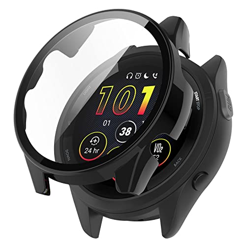 AWADUO Smartwatch Full Coverage PC Protective Case Cover With Tempered Glass Screen Protector For Garmin Forerunner 265 Soft And Durable Black