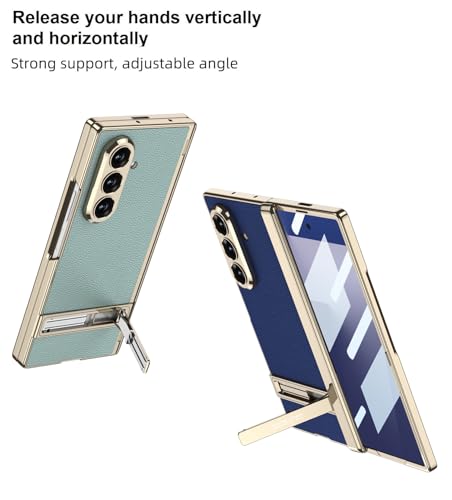 Image of Midkart Magnetic Case Compatible with Samsung Galaxy Z Fold 7 Release 2025 Hinge Protection Leather Cover with Stand Electroplated Camera Protection, Mint Green & Gold