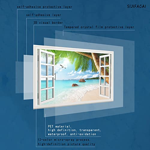 Sijifacai 3D Fake Windows/Waterproof Wall Sticker/Self Adhesive Wall Mura/3D Mural - Seagull Dolphin Seascape Decor, Creative Window View Wall Decor - 35"X24"… (Anse Lazio Beach, 35X24In) #TOP2