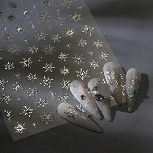 Snowflake Nail Art Stickers Decals 5D Embossed Christmas Snowflake Nail Stickers with Rhinestone 1PCS Silver Winter Snowflakes Self-Adhesive Nail Decals Xmas Nail Art Decoration Supplies for Women