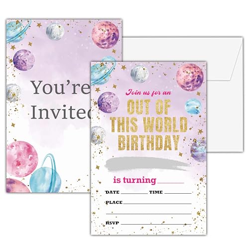 seclate Outer Space Birthday Invitations, 25 Double-Sided Out of This World Party Invitation Cards with 25 Envelopes, Kids Party Invites Celebration Decoration Supplies - A12