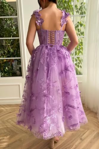 Tulle Prom Dress 3D Butterfly Spaghetti Straps Applique Tea Length Formal Evening Gown3