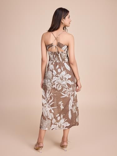 Image of Women Pure Cotton Printed A-Line Dress | Floral Summer Midi Dress | Casual Office Wear Lightweight Dress for Women (D207)