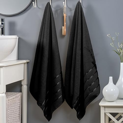 Image of Elegant Comfort 100% Turkish Cotton 4 Lines Viscose Stripe Luxury 2 Pack Bath Towel Set 27 x 54 Inch - Super Soft and Highly Absorbent Premium Hotel Spa Quality Towels for Bathroom Use, Black