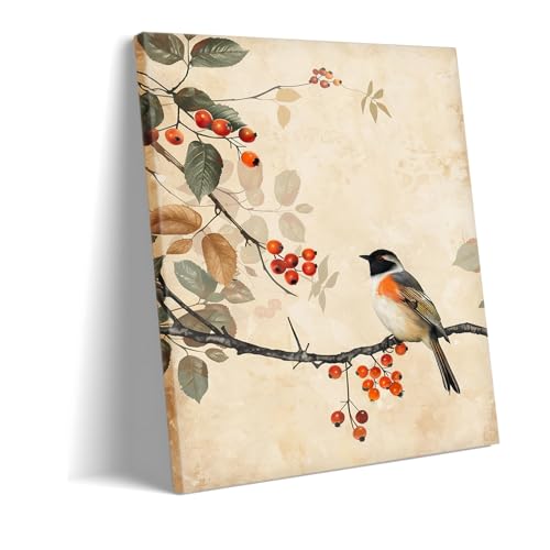 Toile botanique oiseau d'automne 60x90cm encadrée pour salon