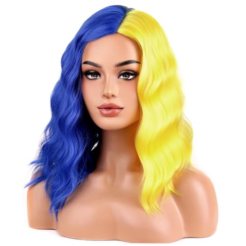 Image of BERON Yellow and Blue Short Wavy Wigs for Women Girls Shoulder Length Curly Wave Two Tone Heat Resistant Synthetic Halloween Costume Cosplay Daily Party Wigs