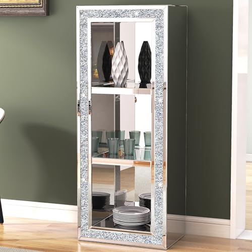 blingworld Open Display Cabinet, 3-Tier Mirrored Book Shelves Sliver Curio Cabinet with Crushed Diamond Frame, 59