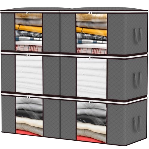 Under-Bed Storage Bag, Set of 6 Large Capacity Organizer Bag with Handle and Clear Windows, Double Zip Foldable Under-Bed Storage Bag for Towels Clothes Bedding Blankets Toys (Grey, 6)