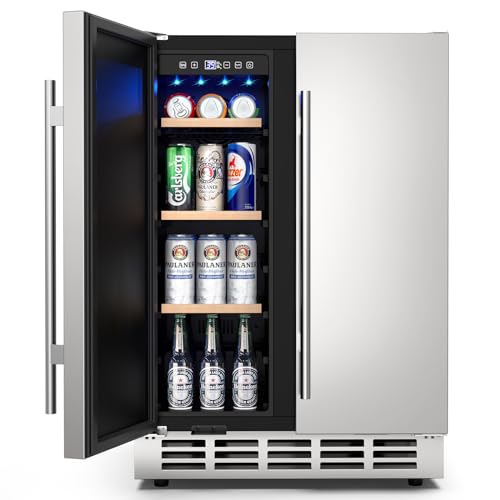 24 Inch Outdoor Wine and Beverage Refrigerator, Weather Proof Dual Zone Wine Fridge, Under Counter Wine Cooler Beer Fridge Built-In or Freestanding, Holds 20 Bottles and 57 Cans