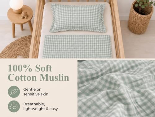 Image of TISU Toddler Crib Duvet Cover Sized 47 x 59 inch Gingham Patterned Soft Muslin Double Gauze Bedding Boy Girl Nursery Kids Sheet Bedsheets (Mint Gingham /Toddler)