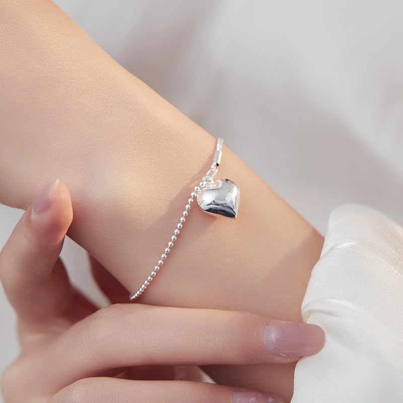 Pulsera Plata，Pulsera Con Colgante De Corazón Y Cuentas Redondas De Hueso De Cadena Fina De Serpiente De Plata S925 De Alta Gama Con Cierre De Resorte Ajustable, Joyería Energética Para Mu