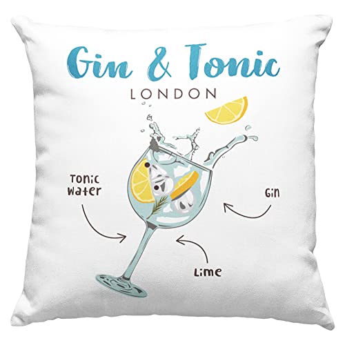 Stampa di qualità assoluta Cuscino personalizzato Gin & Tonic, Cocktail Bar, Cuscino 40x40cm, Stampa Divertente, Arredamento Casa, Arredo Divano Letto, Idea Regalo Natale Regalo compleanno - con Imbottitura (40_x_40_cm, Bianco)