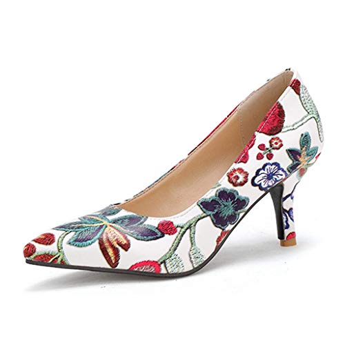 MIOKE Women's Retro Embroidered Flowers Kitten Heel Pumps Pointed Toe Slip On Stiletto Elegant Dress Shoes