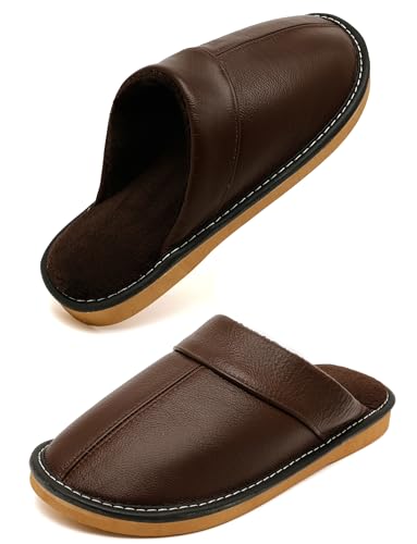 Slippers for Women Men, Genuine Leather Slippers Indoor Outdoor, Fuzzy Bedroom House Shoes for Women Men, Plush Lining Womens Sandals Slip-on