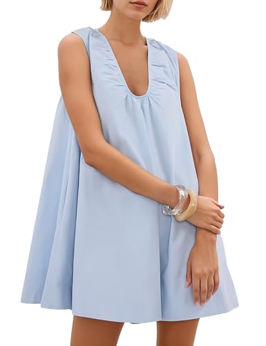 Image of Women's Summer Babydoll Dress Scoop Neck Bubble Mini Dress with Pockets Sleeveless Flowy Tank Preppy Dresses Party