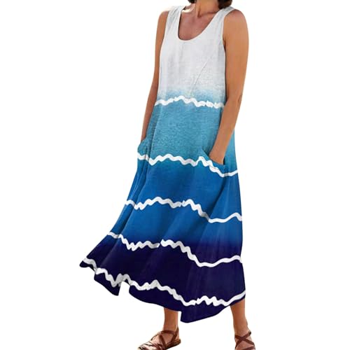 Kleid leinenkleid häkelkleid musselin Streifen Rundhals Ärmelloses Strand italienisches Sommerkleid Kleider lang（Königsblau, XXL