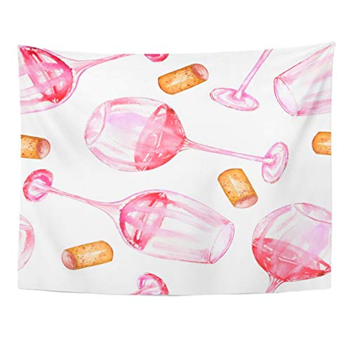 Emvency 50x60 Indian Tapestry Mandala Hippie Wall hangings Pink Champagne with The Glasses of Red Wine and Corks in Watercolor On White Cup Bar Home Decor Tapestries for Bedroom