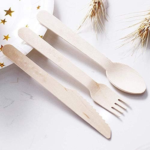 EKOU PLUS Disposable Wooden Cutlery Set 200Pcs Forks Spoons Knives Biodegradable Compostable Birchwood Tableware Parties Weddings 6.3Inch(Forks 100Pcs,Spoons 50Pcs,Knives 50Pcs) (200pcs, 200pcs)