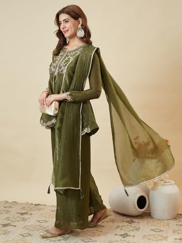 Image of MOKOSH Women's Silk Embroidered Peplum Kurta Sharara with Dupatta | Kurta Set | Ethnic Wear |Round Neck Full Sleeve Kurta | 3 Piece Outfit |Embroidered