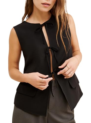 Ladyful Summer Vest Tops for Women Tie Front Sleeveless Blazer Suit Vest Full Lined Business Work Waistcoat Top