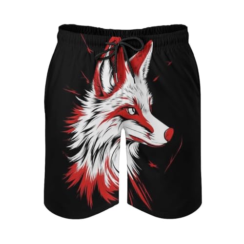 Summer Quick Dry Beach Swim Trunks, Mesh Lining Swimwear Board Shorts with Drawstring Japanese Fox Art Beach Shorts Bathing Suit (XL)