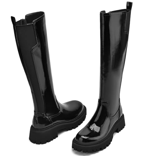 Image of TEAIEU Knee High Boots for Women, Platform Chunky Block Low Heel Tall Boots, Round Toe Side Zipper Fall Long Boots for Dress, Stretch Calf, Comfortable