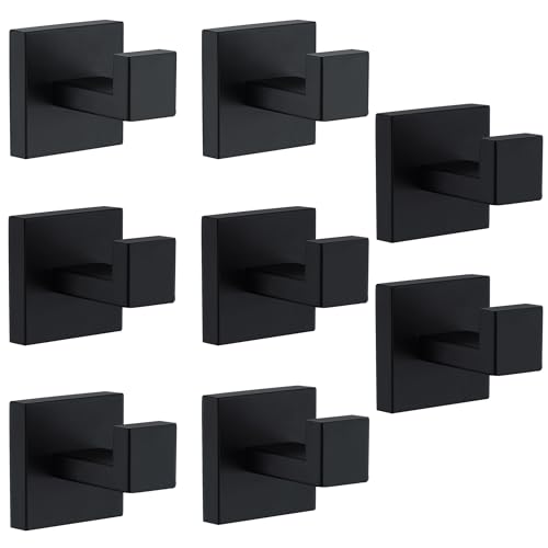 Towel Hooks For Bathrooms, Matte Black Towel Hook For Kitchen Bathroom, SUS304 Stainless Steel Coat Hook, Square Heavy Duty Holder Robe Hooks For Hanging Towels, Coats,Sponges,Wall Mount, 8 Pack