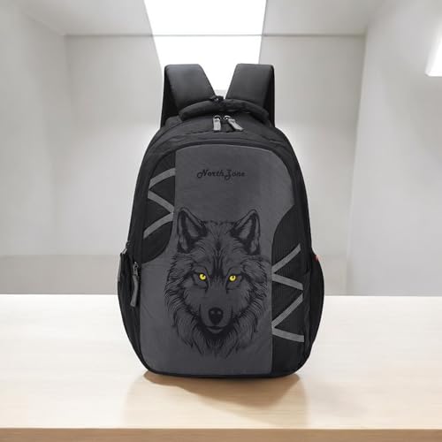 Image of NORTH ZONE Wolf Print School Backpack for Boys & Girls | Water Resistant College Bag for Men & Women | Laptop Backpack with Multiple Compartments | Travel Backpack for Students | Casual Daypack