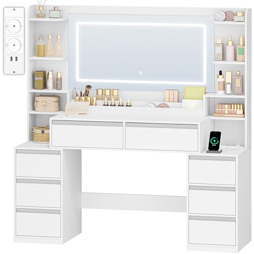HEXCELEN Schminktisch mit Großer Spiegel, Frisiertisch und Haartrocknerhalter, 8 Schubladen, Offenen Fächern, 135 × 40 × 145,2 cm, Moderne Weiß-Silber Schminktisch
