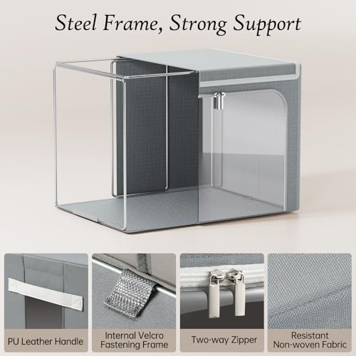 Image of Yecaye Clothes Storage Bins with Metal Frame, Foldable Clothing Storage Bin with Lid, Stackable Oxford Fabric Organizer Box With Clear Window & Zippers & PU Leather Handles (4 Pack,Grey,40L)