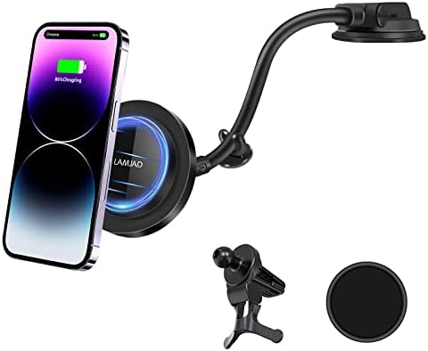 LAMJAD M8 Magnetic Wireless Car Charger, Fast Charging, Compatible for MagSafe Car Charger,iPhone 14/13/12 Series,Air Vent Dashboard Car Mount Phone Holder