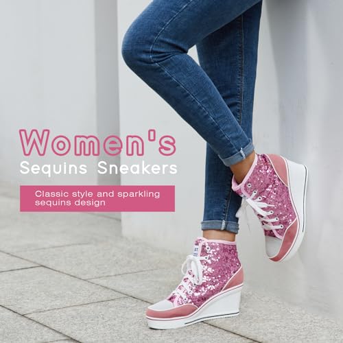 Jiu du Women's Glitter Sneakers Platform Wedge Sneaker Sparkly Sequin High Top Lace Up Sneakers Bling Wedding Dressy Tennis Shoes4