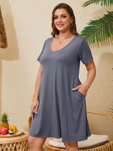Image of ZENNILO Women's Plus Size Swing Dress with Pockets Casual Summer Dresses V Neck Short Sleeve T Shirt Dress for Women