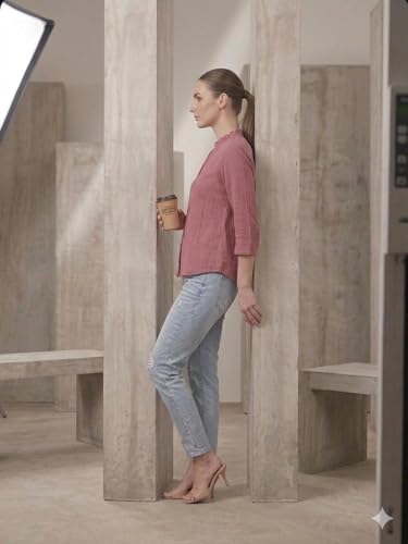 Image of Messica Women Brown Solid Cotton Blend Knitted Top | Ruffle Neck | 3 /4 Sleeve | Regular Fit Casual Office Wear Top